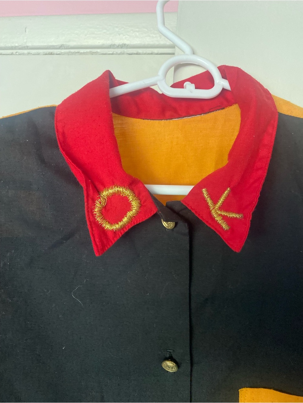 Upcycled Colorblock Button-Up Shirt in Black, Red & Mustard embroidered collar